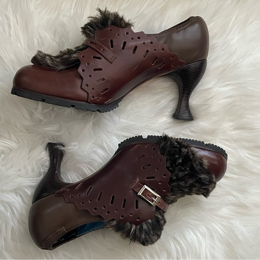 Morenatom By Studio Scala Couture Brown Leather Faux Fur & Buckle Heels Sz 10B